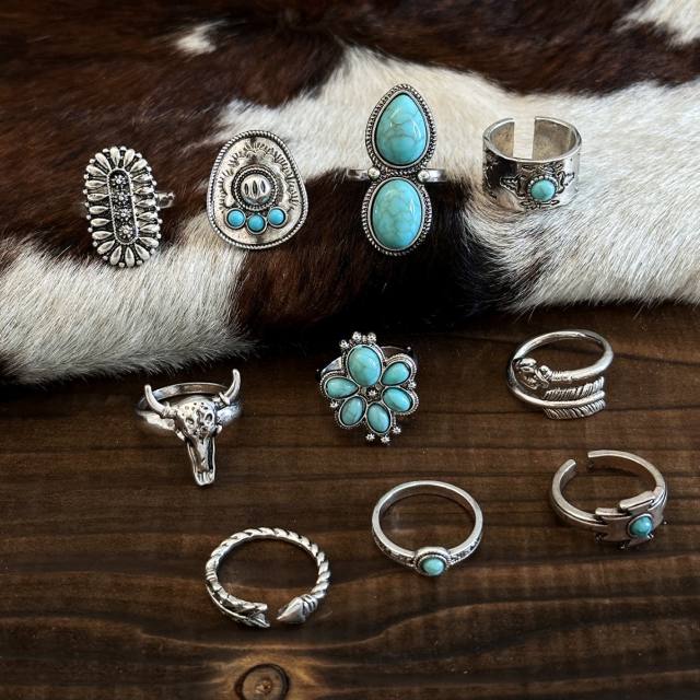 10pcs vintage boho imitation turquoise stone alloy rings set stackable rings