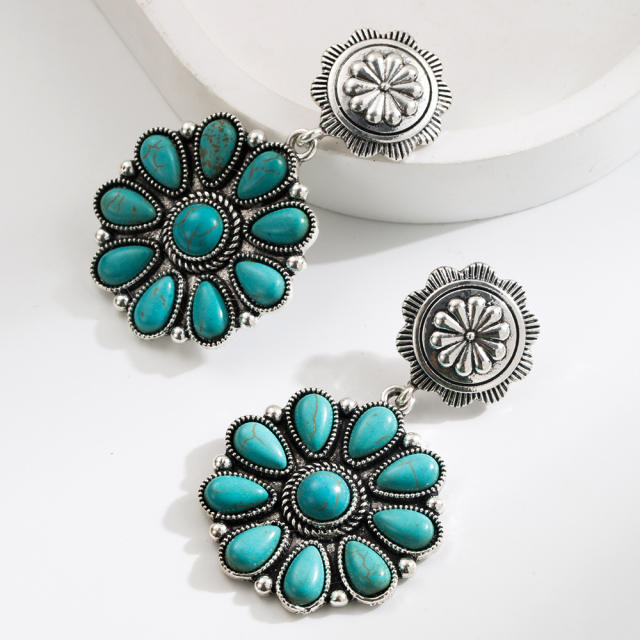 Exaggerated Earrings Women's Retro Oval Turquoise Hollow Geometric Leopard Leather Earrings