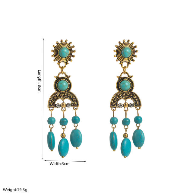Boho vintage turquoise bead tassel alloy earrings