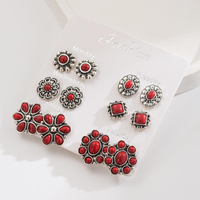Exaggerated Western Ethnic Style Turquoise Earrings Flower Bull Head Pony Geometric Set Earrings Earrings for Women
