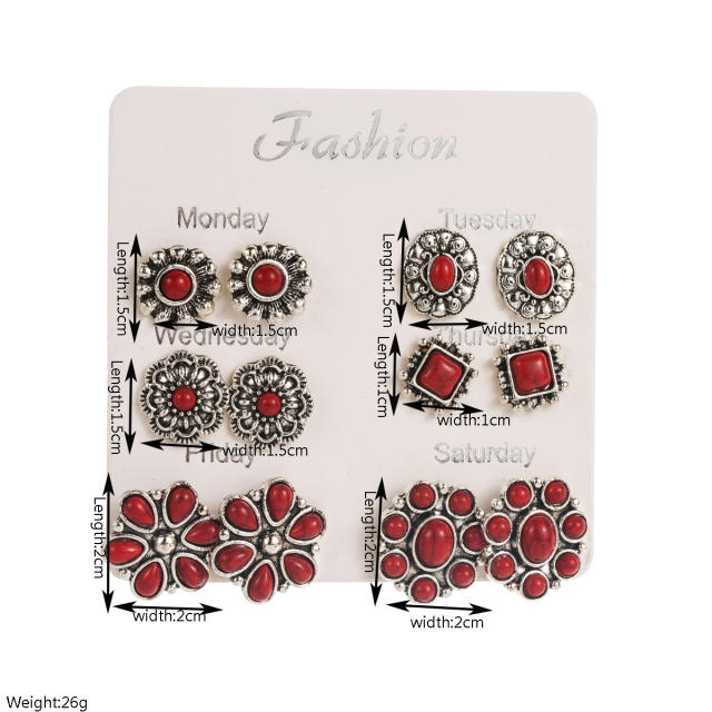 Exaggerated Western Ethnic Style Turquoise Earrings Flower Bull Head Pony Geometric Set Earrings Earrings for Women