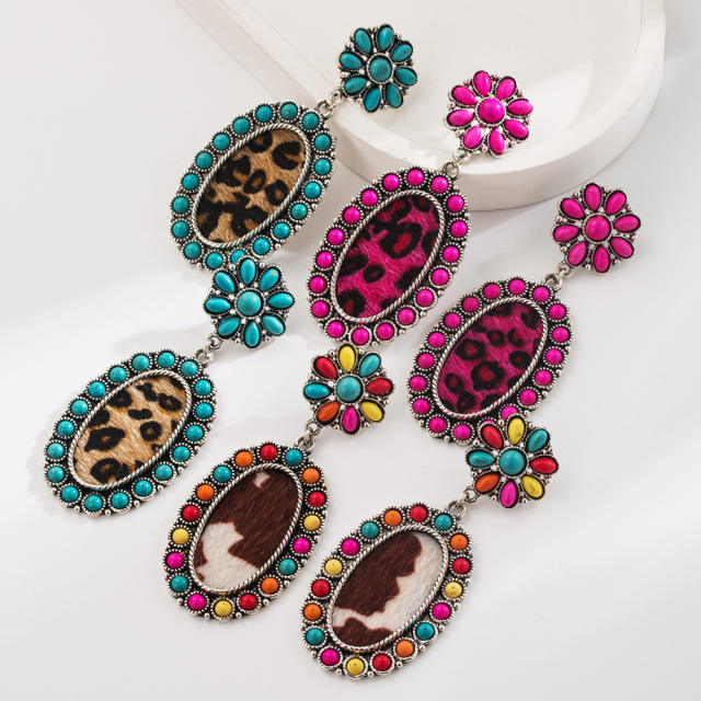 Western Ethnic Style Elegant Earrings Personalized Alloy Set Turquoise Leopard Leather Earrings