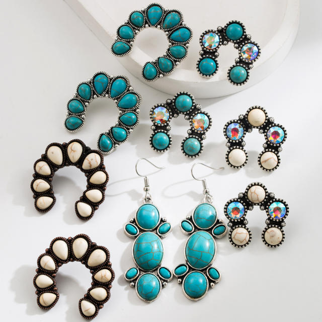 Ethnic Style Earrings Vintage Alloy Plated Ancient Silver Diamond Turquoise Earrings for Women