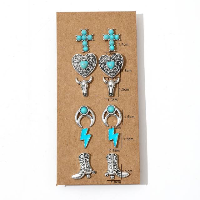 Personality Cool Style Bull Head Boots Earrings Imitation Turquoise ear studs set