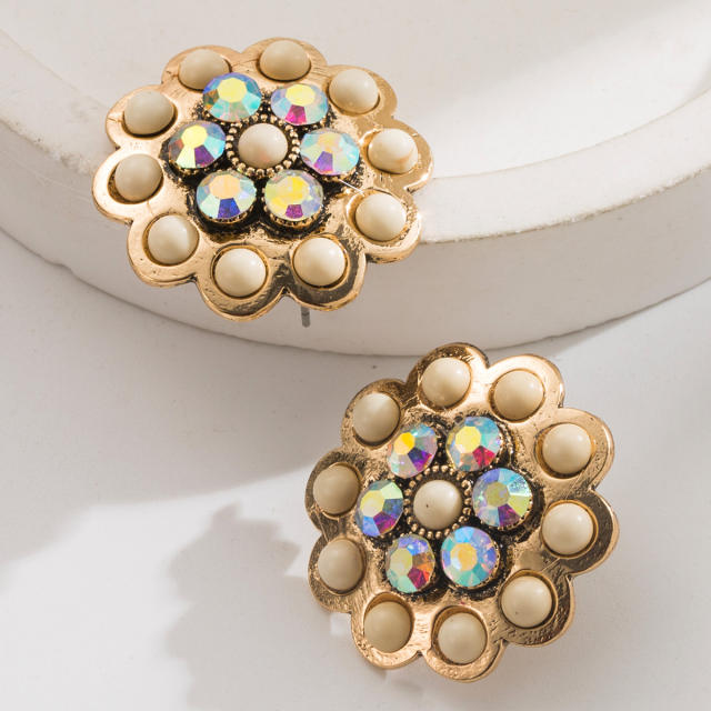 Western style turquosie inlaid flower shape round studs earrings