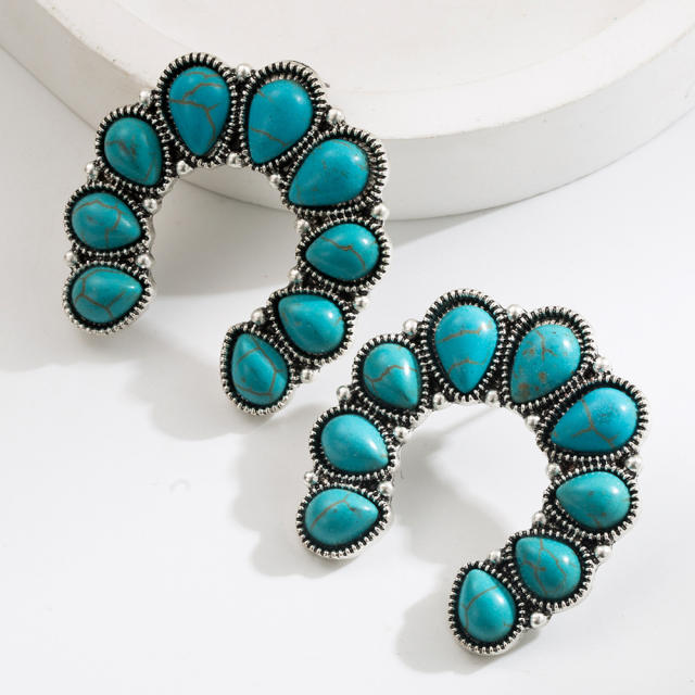 Ethnic Style Earrings Vintage Alloy Plated Ancient Silver Diamond Turquoise Earrings for Women