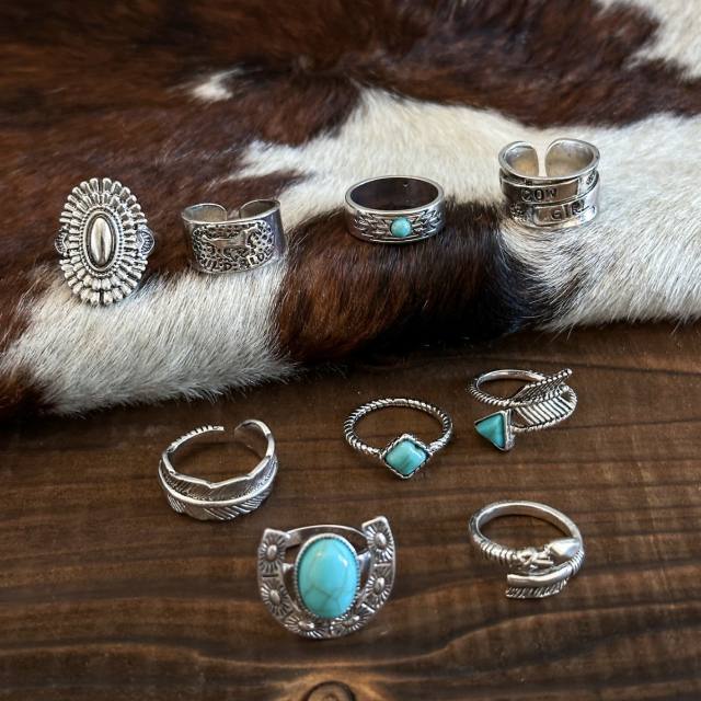 Western cowboy retro style turquoise antique silver arrow feather horse multi-element ring