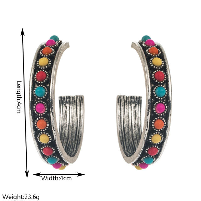 New Western Ethnic Style Large C-Shaped Exaggerated Earrings Alloy Inlaid with White Turquoise Earrings