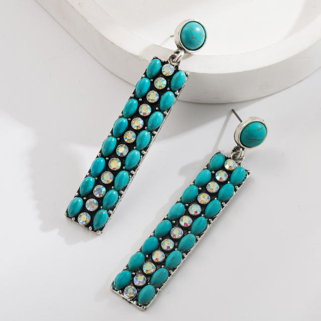 Long Alloy Diamond-encrusted Turquoise Earrings