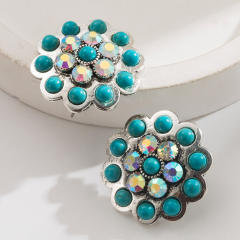 Western style turquosie inlaid flower shape round studs earrings