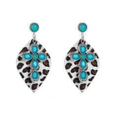 Western leopard print leather earrings alloy set turquoise exaggerated earrings