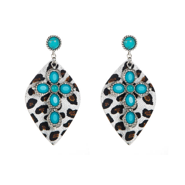 Western leopard print leather earrings alloy set turquoise exaggerated earrings