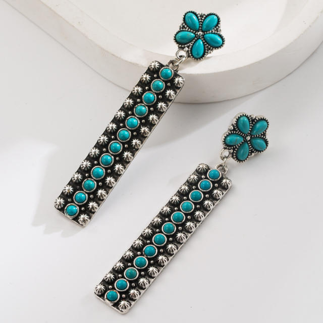 Inlaid Turquoise Long Pendant Earrings Retro Western Ethnic Style Earrings