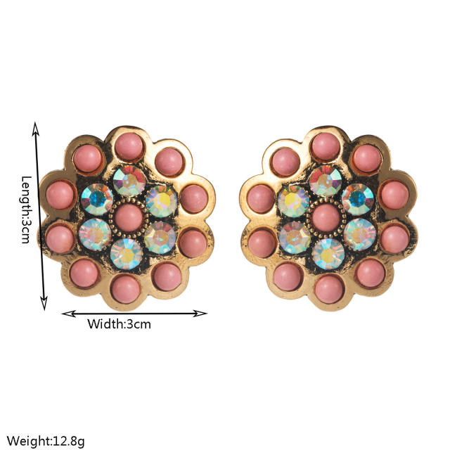 Western style turquosie inlaid flower shape round studs earrings