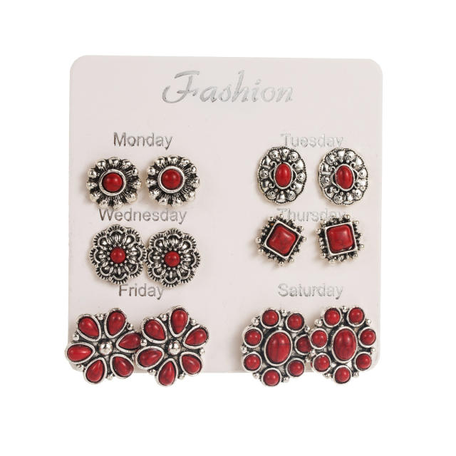 Exaggerated Western Ethnic Style Turquoise Earrings Flower Bull Head Pony Geometric Set Earrings Earrings for Women