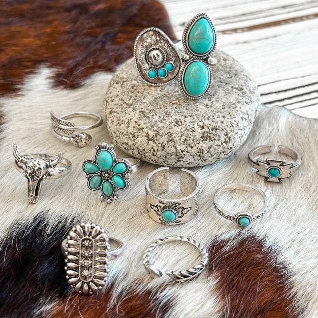10pcs vintage boho imitation turquoise stone alloy rings set stackable rings