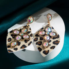 Western leopard print leather earrings alloy set turquoise exaggerated earrings