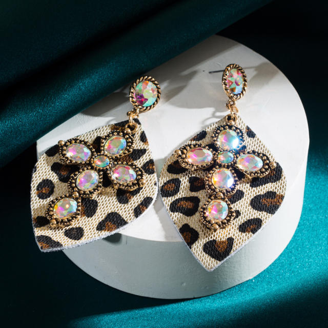 Western leopard print leather earrings alloy set turquoise exaggerated earrings