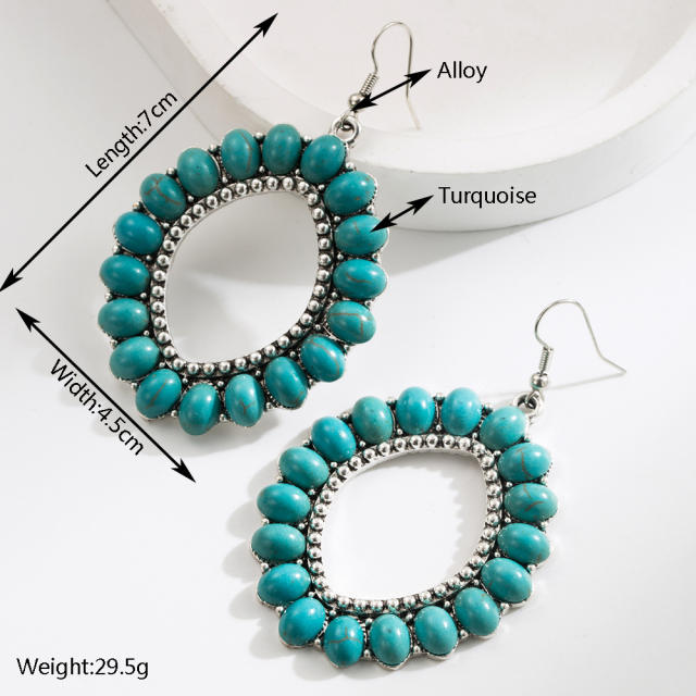 Exaggerated Earrings Women's Retro Oval Turquoise Hollow Geometric Leopard Leather Earrings