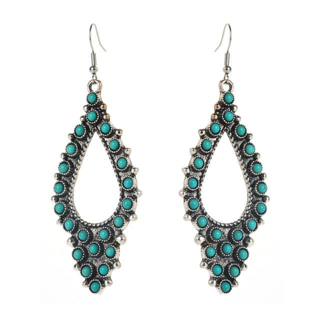New Retro Cross Hollow Oval Earrings Turquoise Earrings Western Ethnic Style Distinctive Earrings