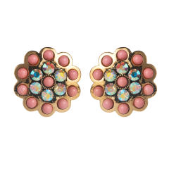 Western style turquosie inlaid flower shape round studs earrings