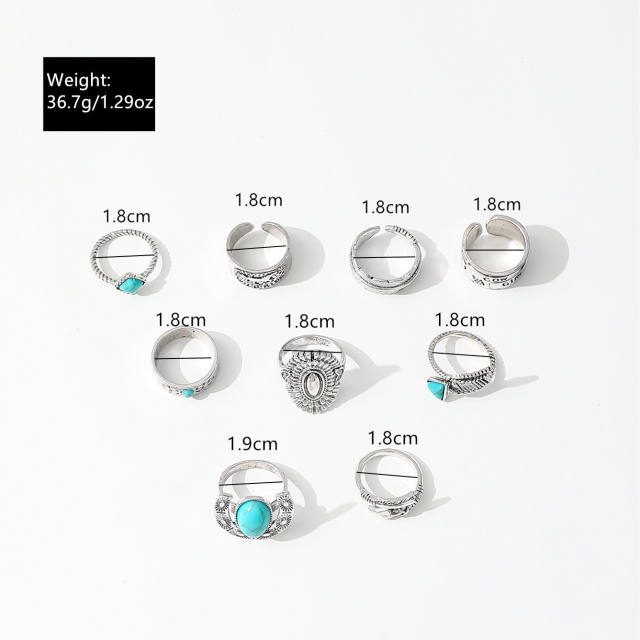 Western cowboy retro style turquoise antique silver arrow feather horse multi-element ring