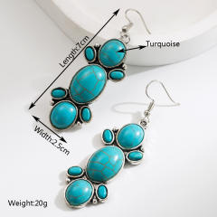 Ethnic Style Earrings Vintage Alloy Plated Ancient Silver Diamond Turquoise Earrings for Women