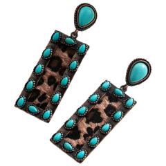 Exaggerated Earrings Women's Retro Oval Turquoise Hollow Geometric Leopard Leather Earrings