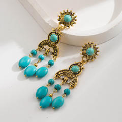 Boho vintage turquoise bead tassel alloy earrings