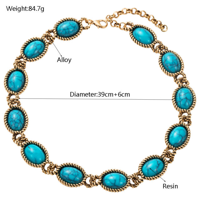 Bohemian Style Turquoise Necklace Silver Needle Earrings set