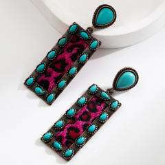 Exaggerated Earrings Women's Retro Oval Turquoise Hollow Geometric Leopard Leather Earrings