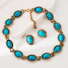 Bohemian Style Turquoise Necklace Silver Needle Earrings set