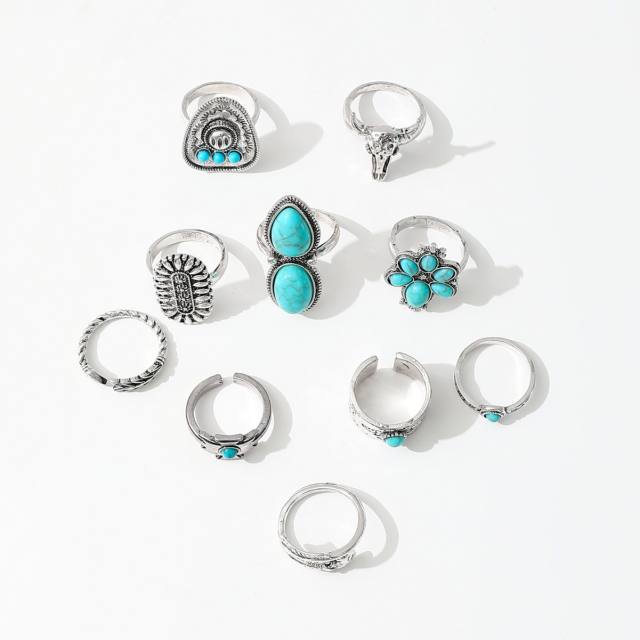 10pcs vintage boho imitation turquoise stone alloy rings set stackable rings