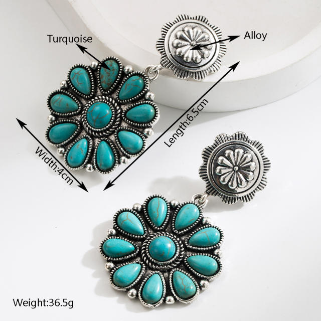 Exaggerated Earrings Women's Retro Oval Turquoise Hollow Geometric Leopard Leather Earrings