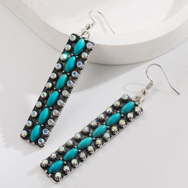 Long Alloy Diamond-encrusted Turquoise Earrings