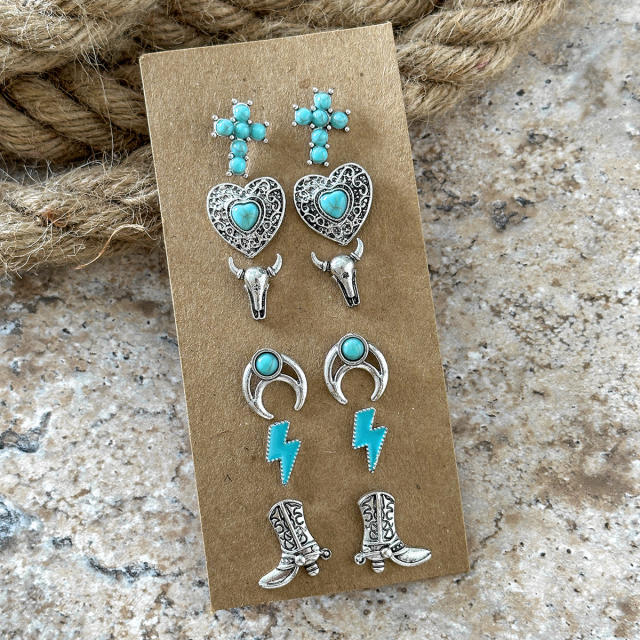 Personality Cool Style Bull Head Boots Earrings Imitation Turquoise ear studs set