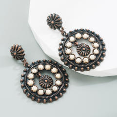 Ethnic style white turquoise earrings hollow round pendant exaggerated party earrings