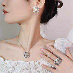 Elegant imitation pearl inlaid wedding party necklace earrings rings set