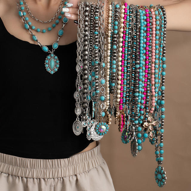 Boho vintage national style faux turquoise bead necklace layer necklace
