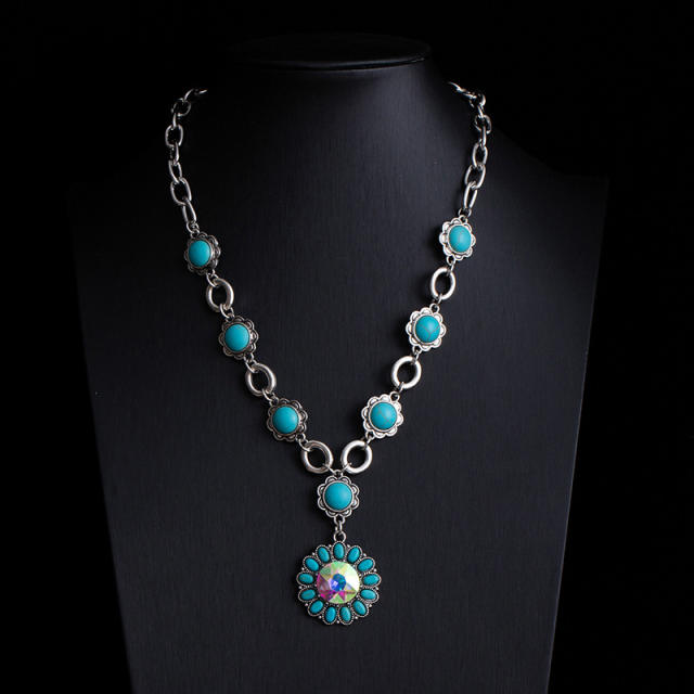 Boho vintage national style faux turquoise bead necklace layer necklace