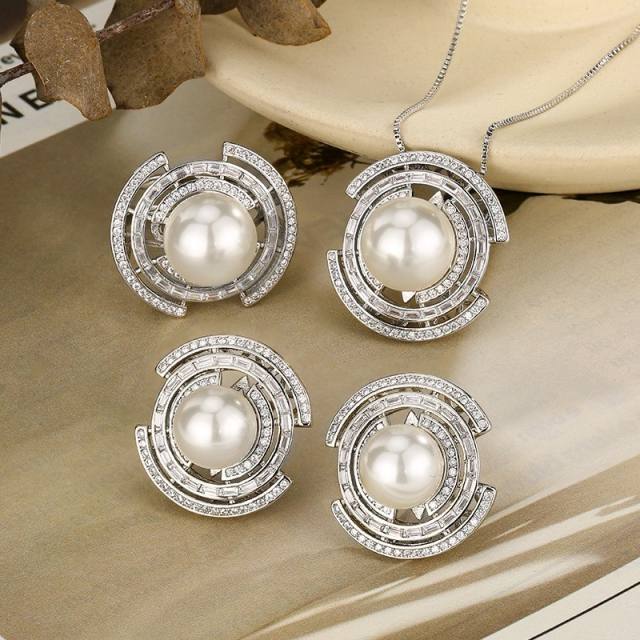 Elegant imitation pearl inlaid wedding party necklace earrings rings set