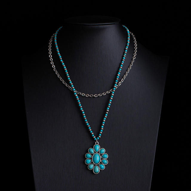 Boho vintage national style faux turquoise bead necklace layer necklace