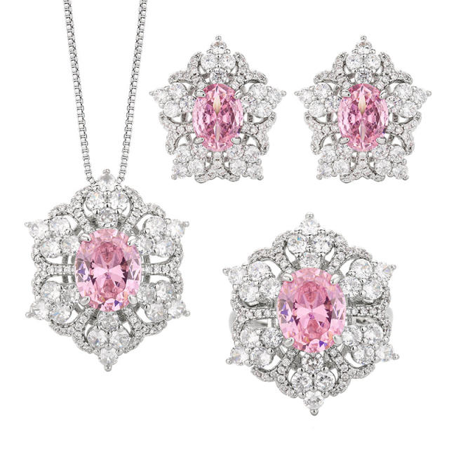 Pink Zirconium Women's neckace earrings rings set