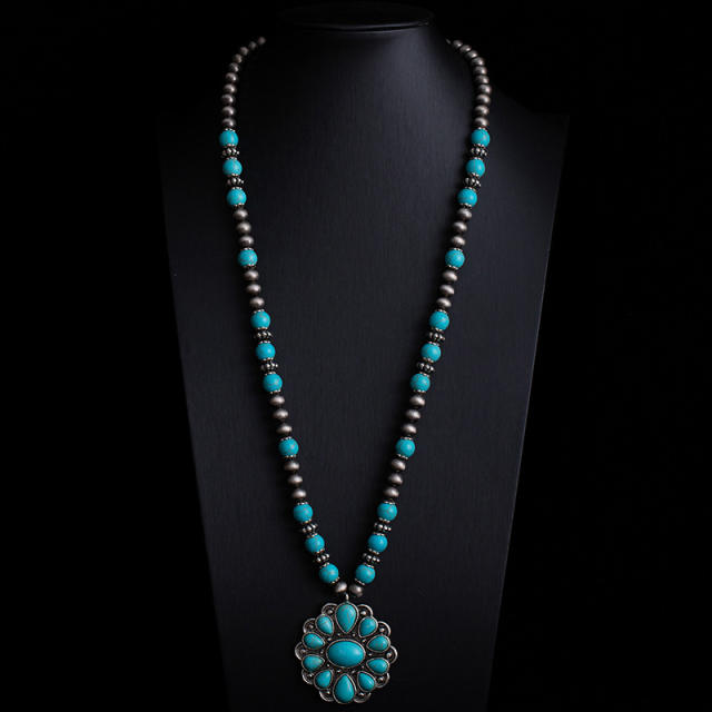 Boho vintage national style faux turquoise bead necklace layer necklace