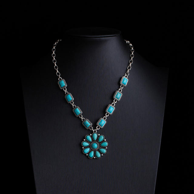 Boho vintage national style faux turquoise bead necklace layer necklace