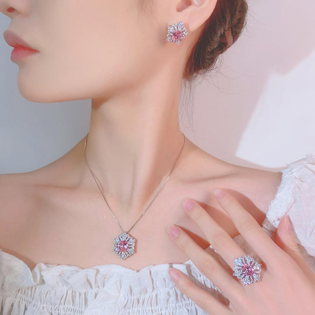 Pink Zirconium Women's neckace earrings rings set