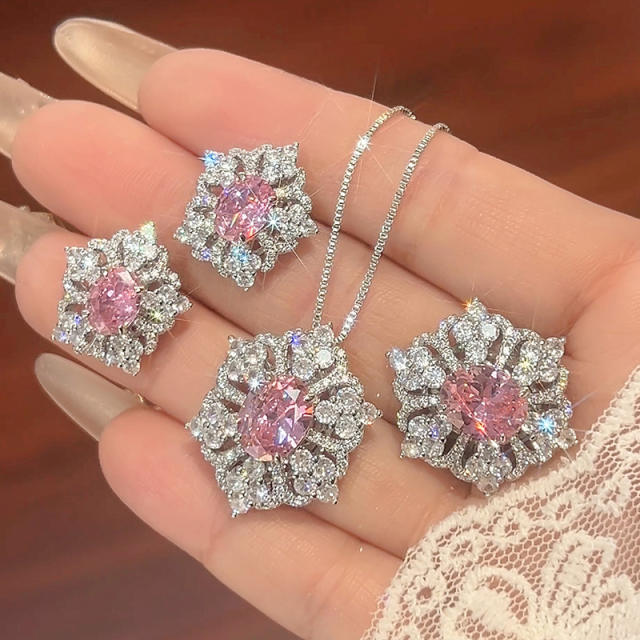 Pink Zirconium Women's neckace earrings rings set