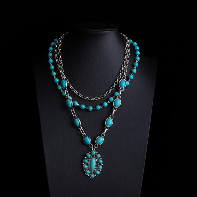 Boho vintage national style faux turquoise bead necklace layer necklace