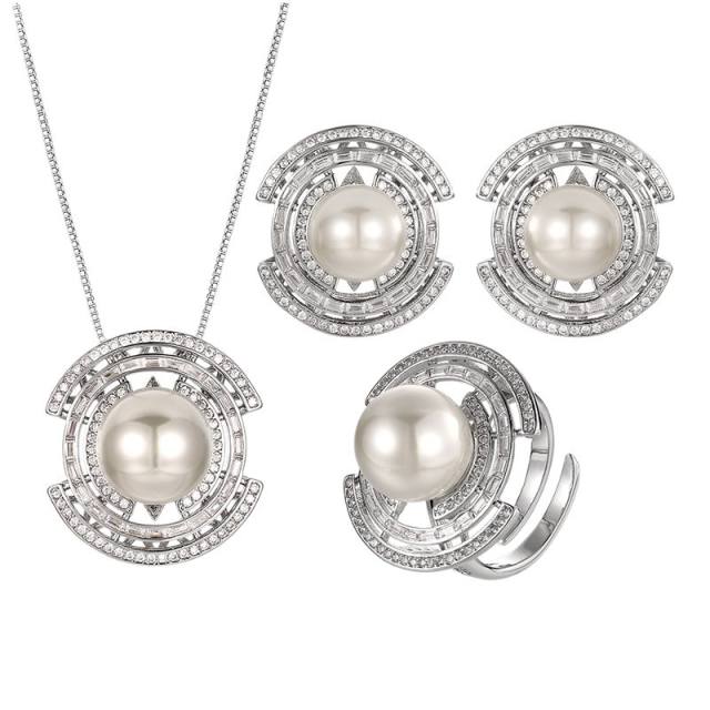 Elegant imitation pearl inlaid wedding party necklace earrings rings set