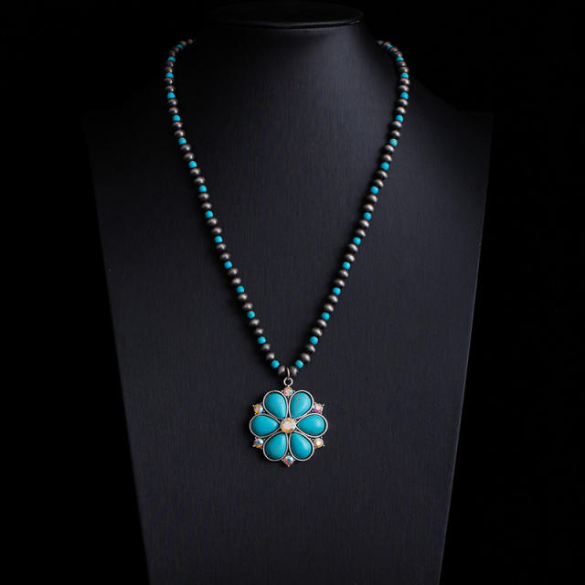 Boho vintage national style faux turquoise bead necklace layer necklace